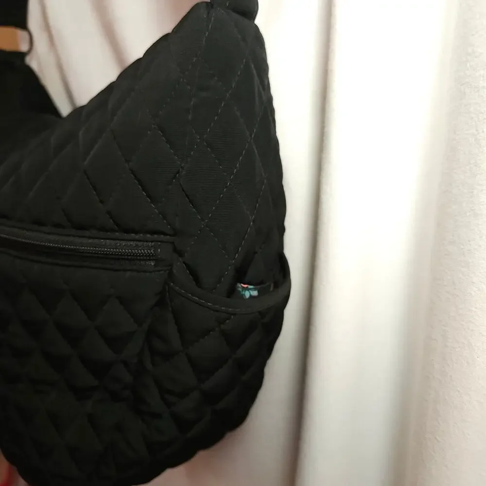 Vera Bradley Black Quilted Hobo Shoulder Bag Rose Floral Lining
